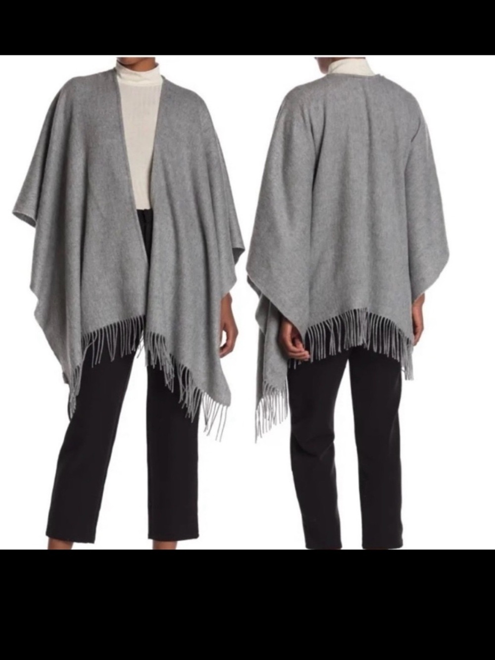 Portolano 100% wool fringe wrap shawl cape sweater OS light gray